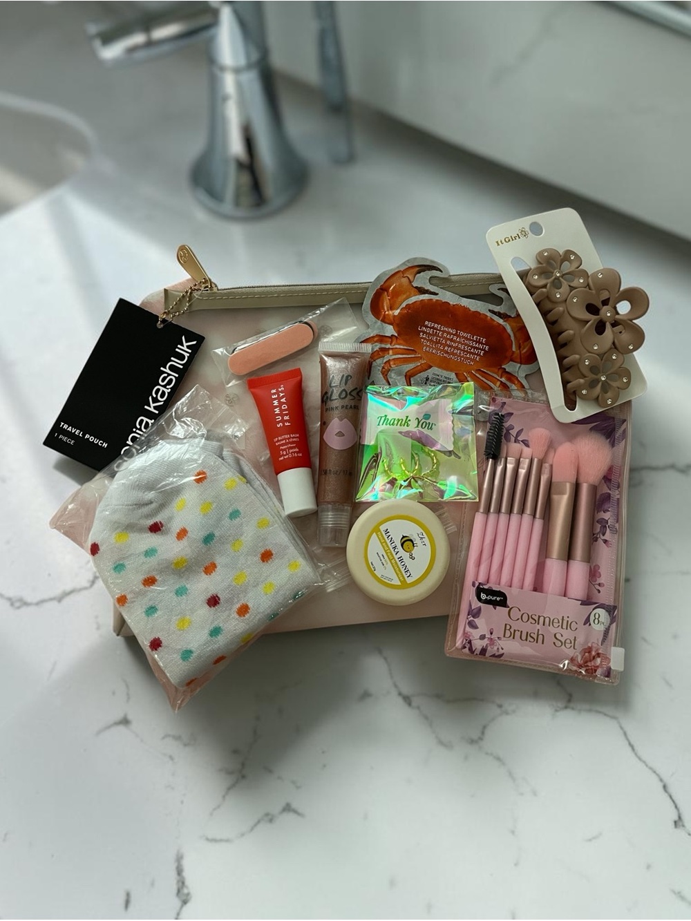 Beige Clear Travel Pouch filled with beauty items - all new